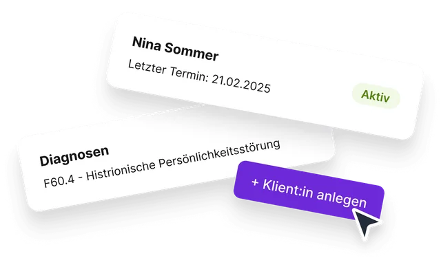 freudio Klient:innenverwaltung für Psychotherapeut:innen: Beispielakte mit Therapieterminen und ICD-10-Diagnose.