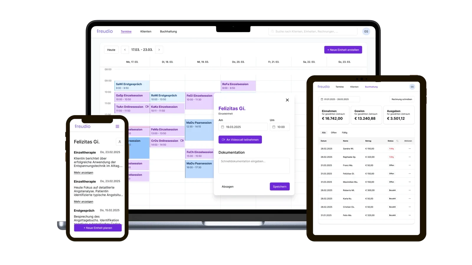 freudio Praxissoftware für Psychotherapeut:innen: Kalender und Praxisverwaltung auf Laptop, Tablet und Smartphone.