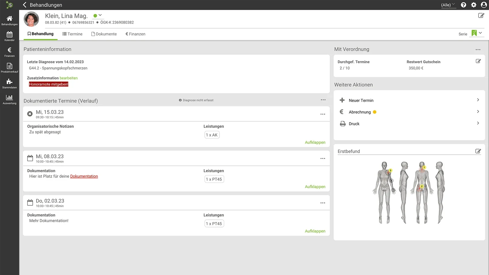 Synaptos Praxissoftware für Gesundheitsberufe: Patientenakte mit Behandlungen und Körperdiagramm.