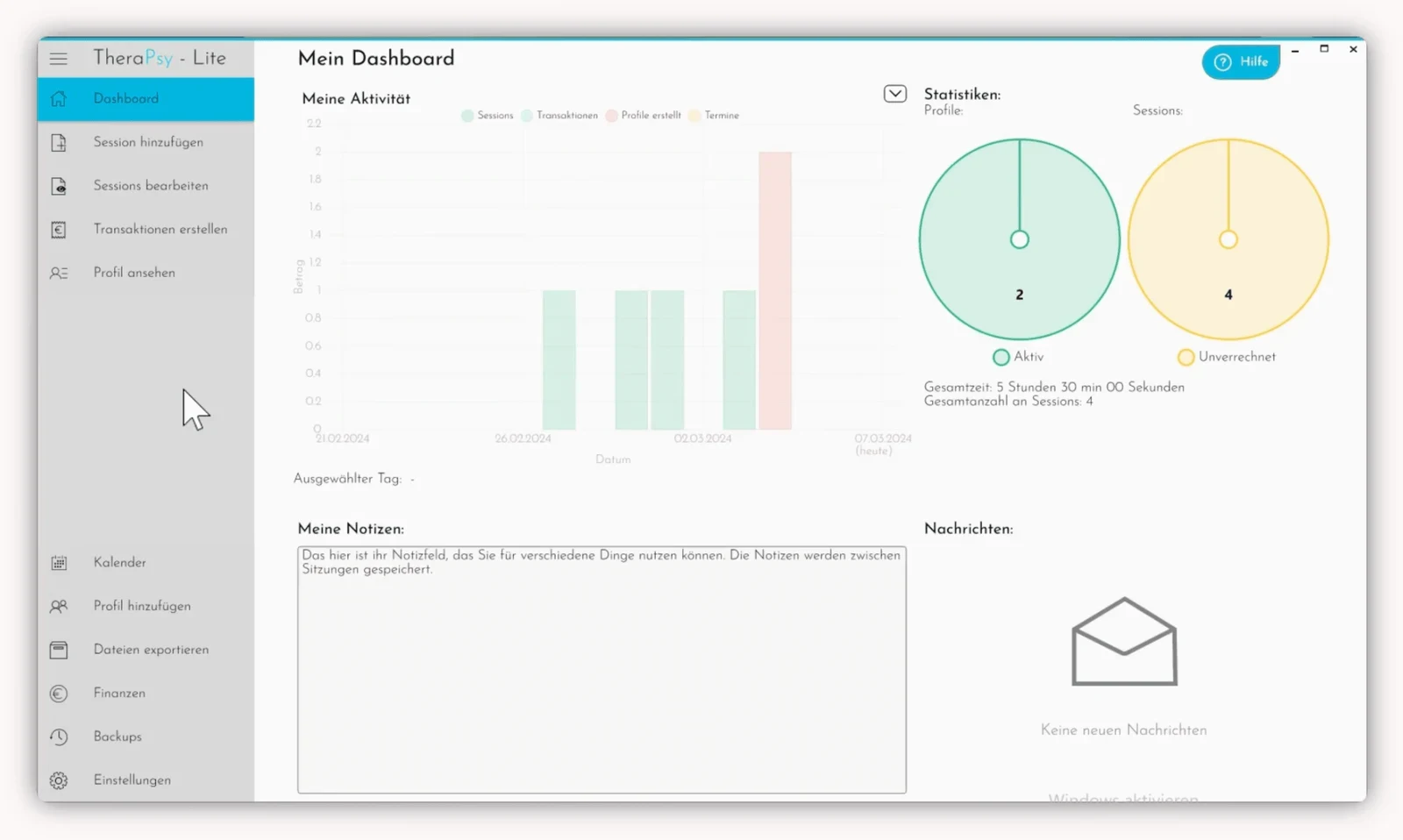 Therapsy Praxissoftware für Therapeut:innen: Dashboard mit Statistik und Aufgabenübersicht.