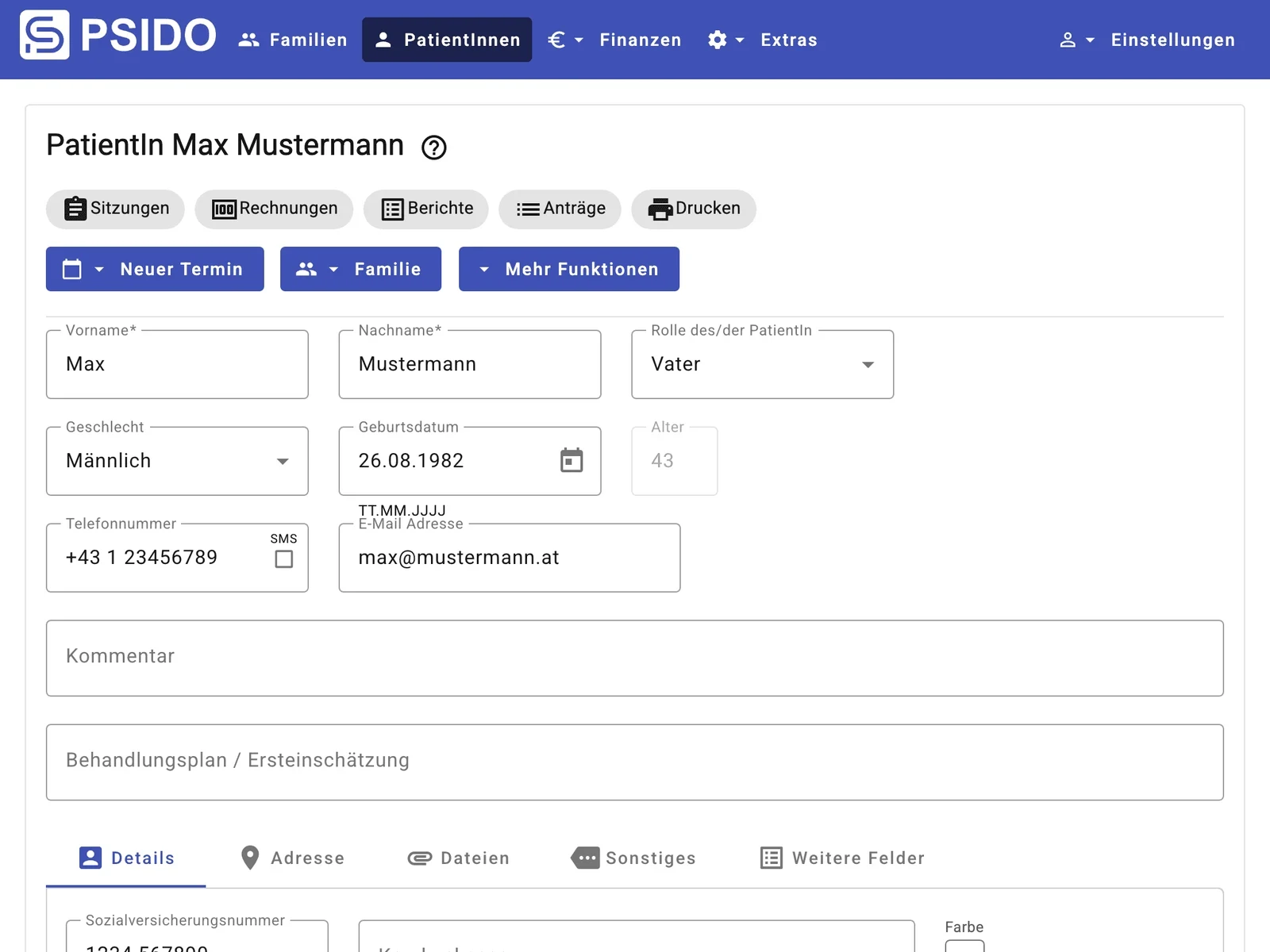 Psido Software für Gesundheitsberufe: Patientenstammdaten und Diagnose in einer Patientenakte.