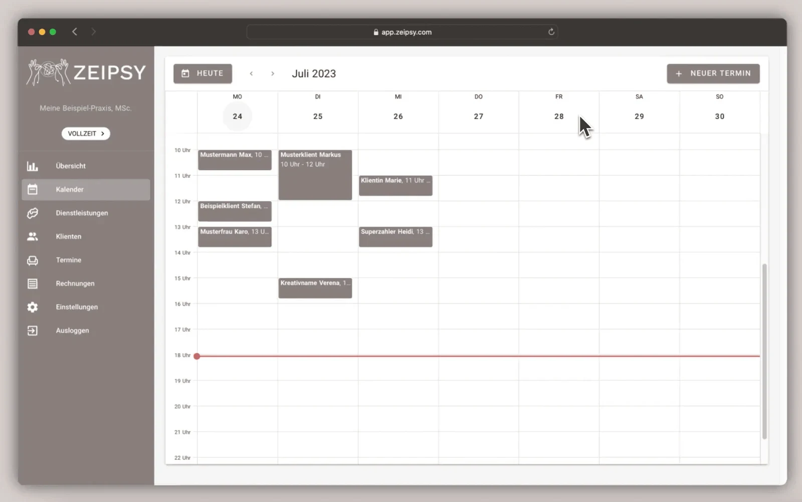 ZEIPSY Praxissoftware für klinische Psycholog:innen: Wochenkalender mit Terminen.