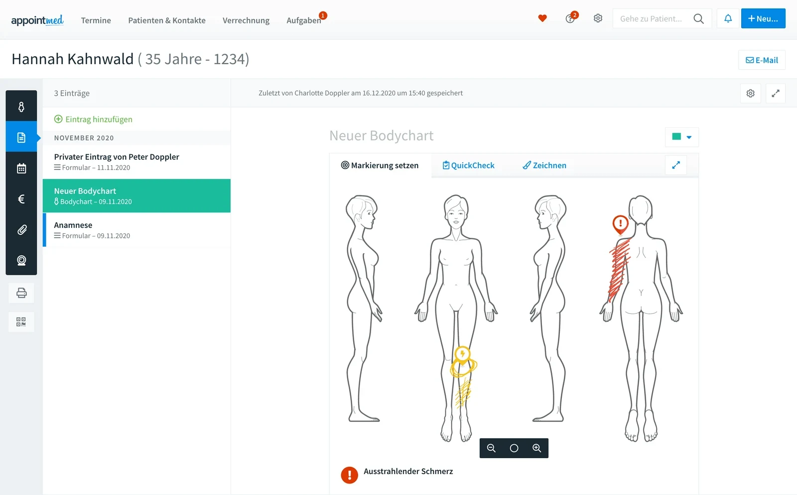 appointmed Praxissoftware: Patientenakte mit Bodychart zur Therapiedokumentation.