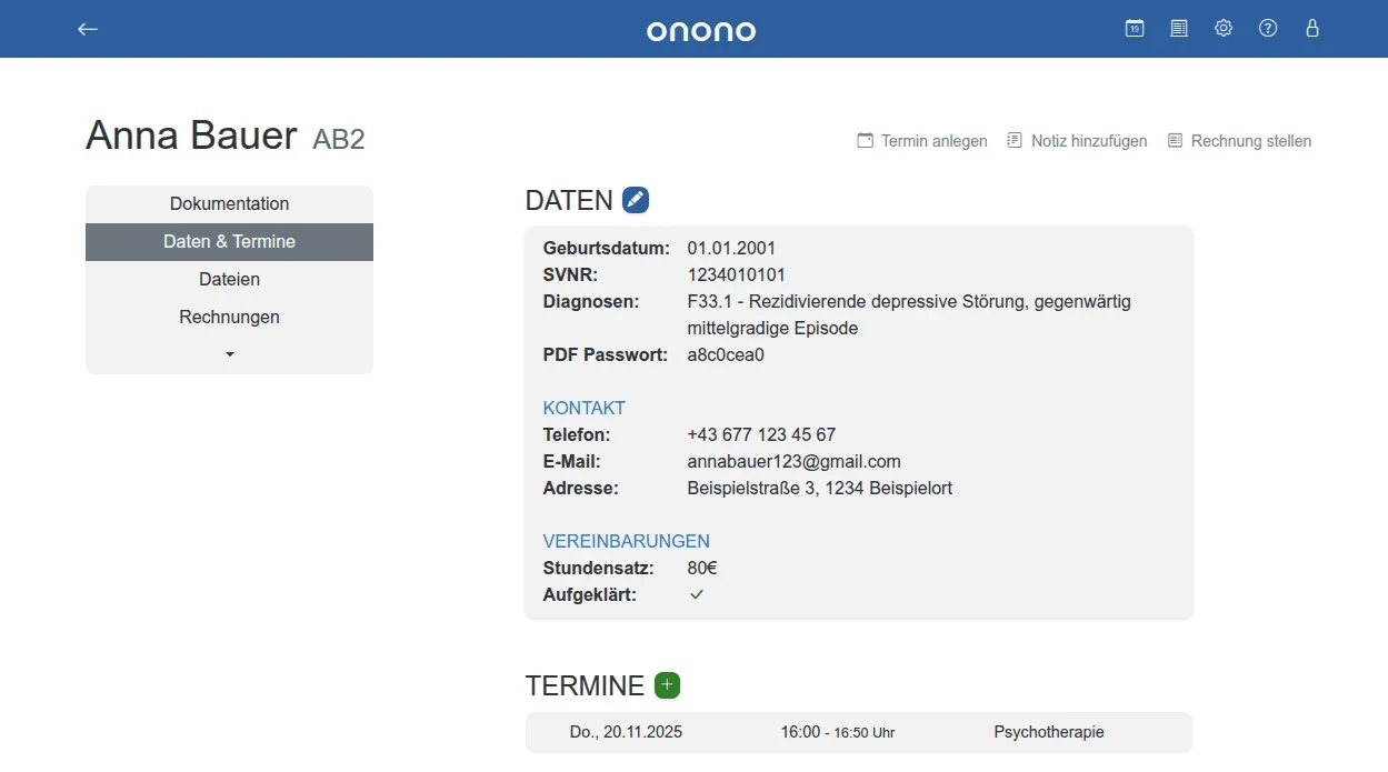 onono Praxissoftware: Klient:innenakte mit Dokumenten und Terminübersicht.