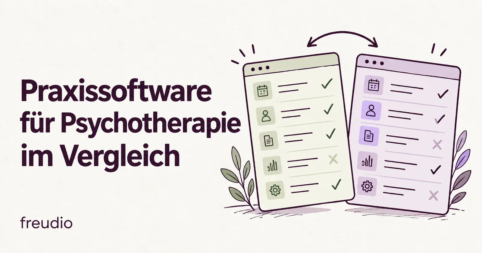 Praxissoftware für Psychotherapie im Vergleich: zwei gezeichnete Programmfenster mit Prüfpunkten.