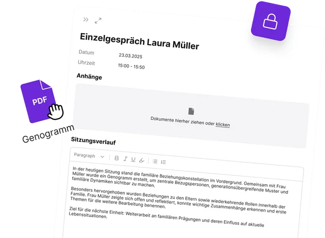 freudio Dokumentationssoftware für Psychotherapie: Sitzungsnotizen und zugeordnete Dateianhänge.
