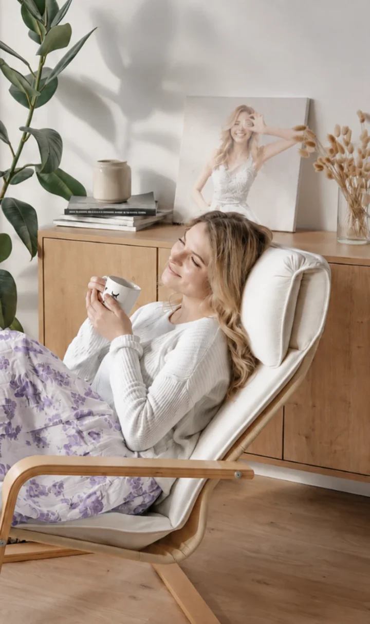 Psychotherapeutin genießt nach der Praxisabrechnung eine Pause mit einer Tasse.