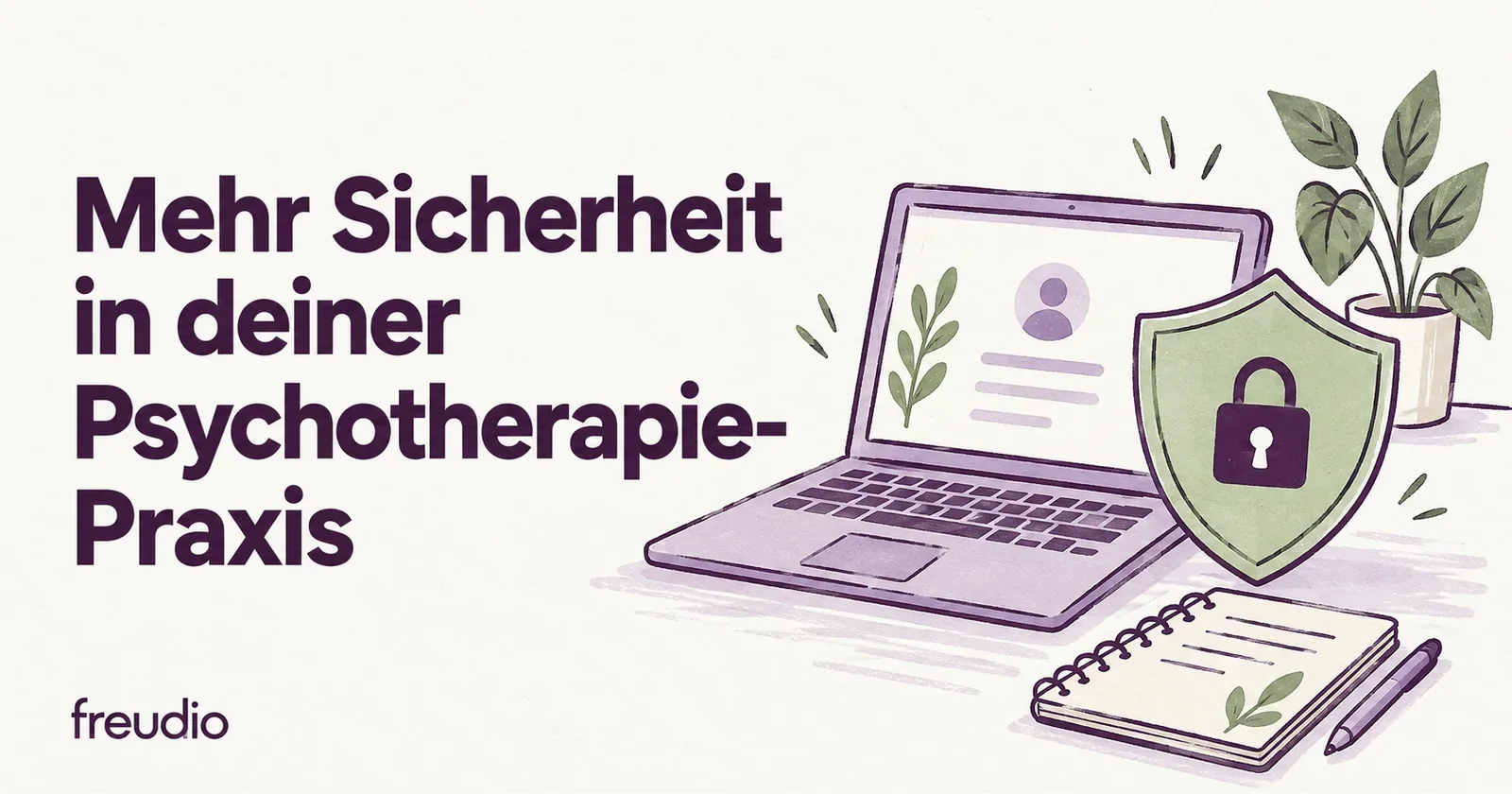 Mehr Sicherheit in deiner Psychotherapie-Praxis: gezeichneter Laptop mit Schutzschild und Schloss.