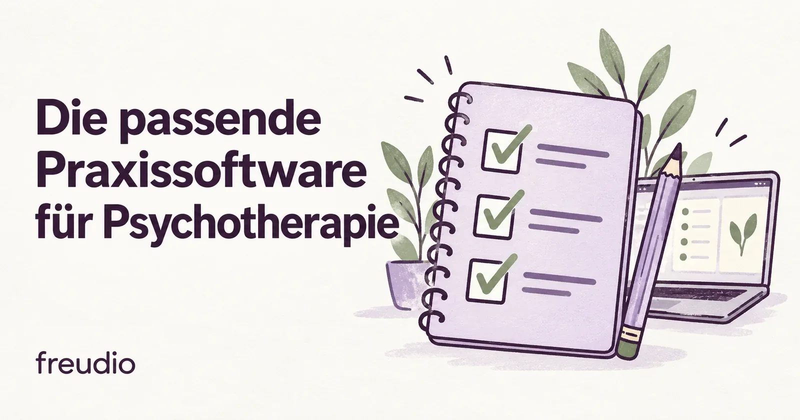 Die passende Praxissoftware für Psychotherapie: gezeichnete Checkliste mit Stift und Laptop.