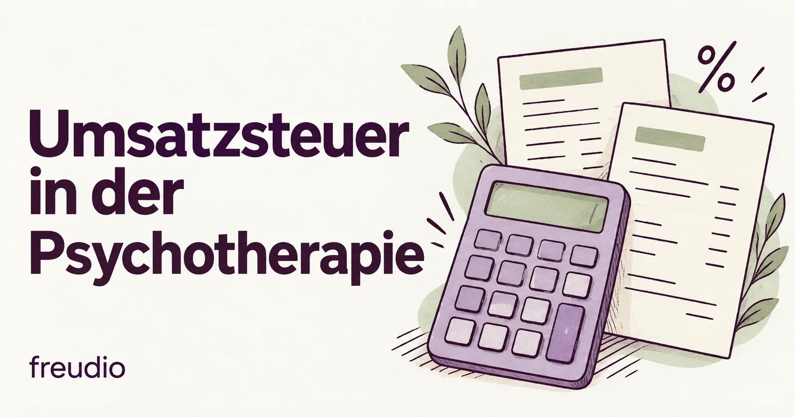 Umsatzsteuer in der Psychotherapie: gezeichneter Taschenrechner und Honorarnoten mit Prozentzeichen.