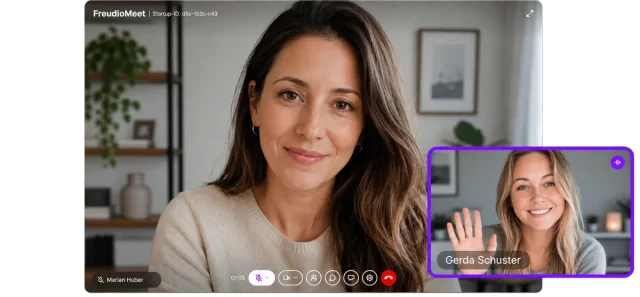 Online-Therapie mit FreudioMeet: Videositzung mit zwei Teilnehmenden.